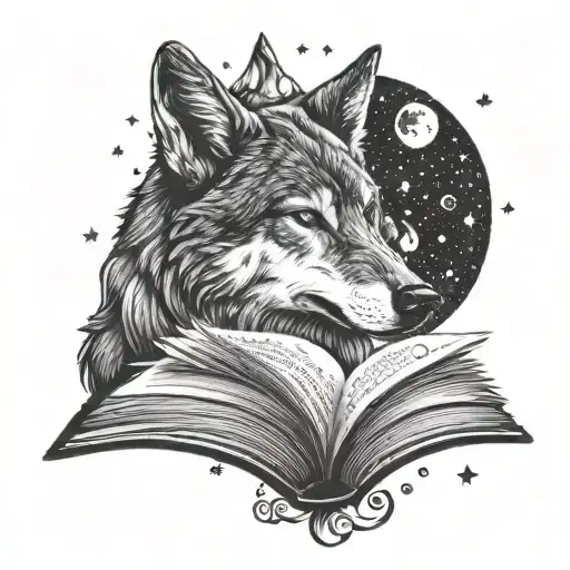 A Wolf Reading A Book Under A Starry Night Sky