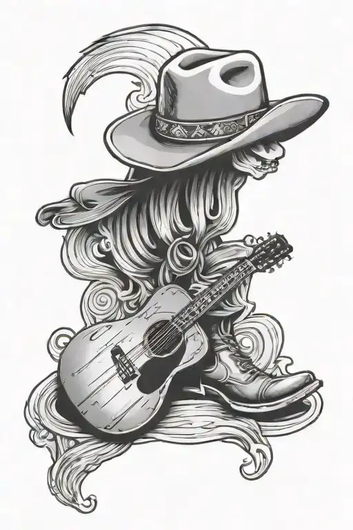 Acoustic Guitar With Cowboy Boots And Cowboy Hat Sitting At The Base