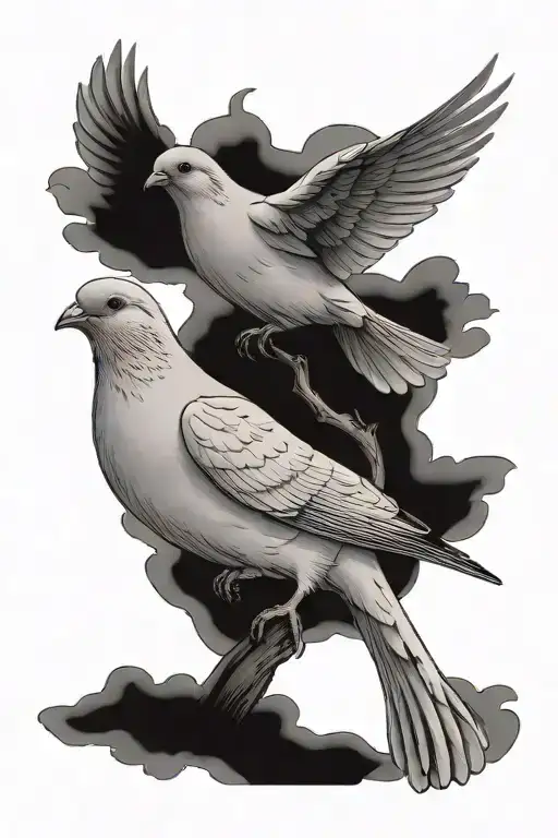 One Dove And One Cardinal Perched