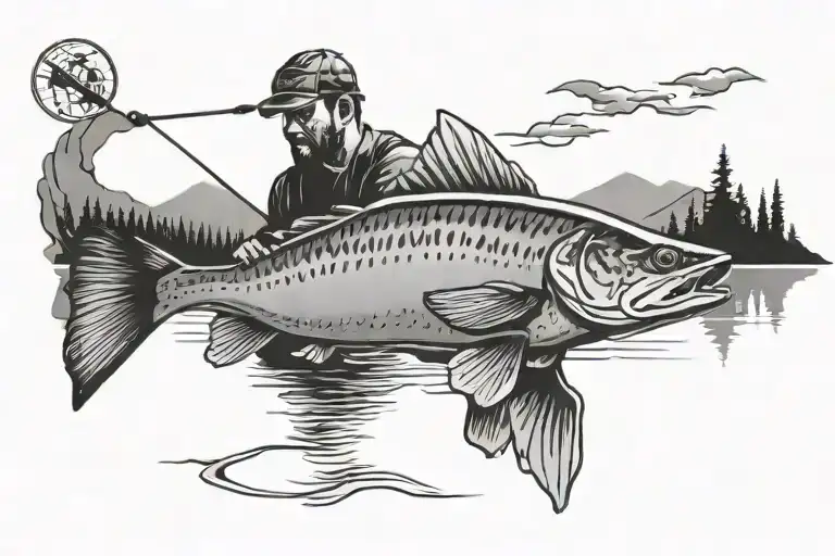 Man Fishing On Conoe In Lake Mountains Behind