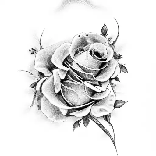 A Mesmerizing Black And Grey Tattoo Depicting A Sorrowful Angel With A Bouquet Of Wilted Roses