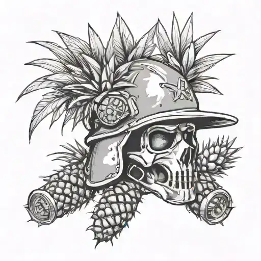 A Military Helmet Adorned With Dog Tags And Surrounded By Upside-down Pineapples