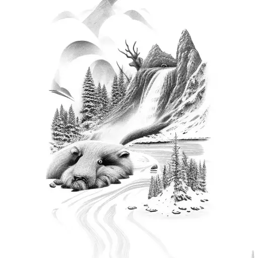 A Nordic-inspired Landscape With A Majestic Waterfall And Animals Roaming Freely