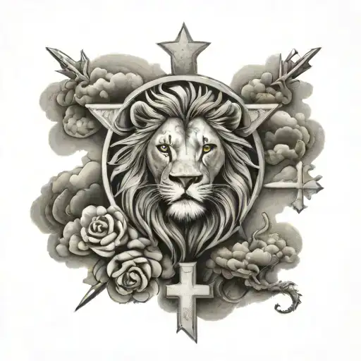 Lion And Crosses With Clouds Surrounding