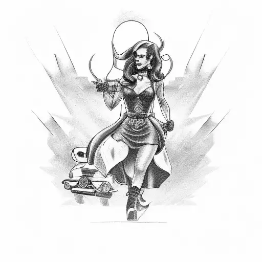 Design A Sleek Black And Grey Tattoo Featuring A Femme Fatale Driving A Vintage Car