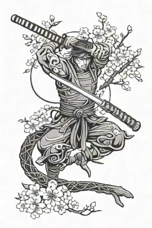 Katana And Cherry Blossoms Wrapped