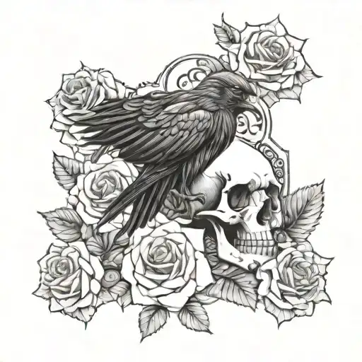 Skulls With Snakes And Roses And A Black Crow Sitting