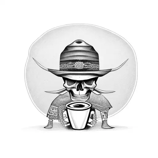 A Skull Mexican Wearing A Surf Hat And Holding A Coffee Mug