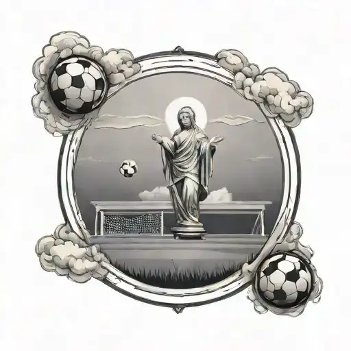 A Minimalist Depiction Of A Soccer Field With A Subtle Image Of The Virgin Mary In The Clouds Above