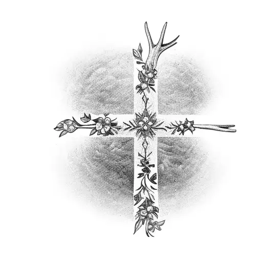 Christian Cross With Lots Of Flowers And Deer Antlers On Ground