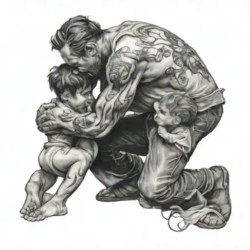 Man Kneeling Down With Two Children Surrounded All Rear Facing