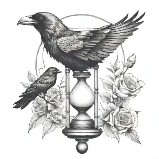 Hour Glass Containing A Crow Perched On To With Dead Flowers Surrounding Hour Glass