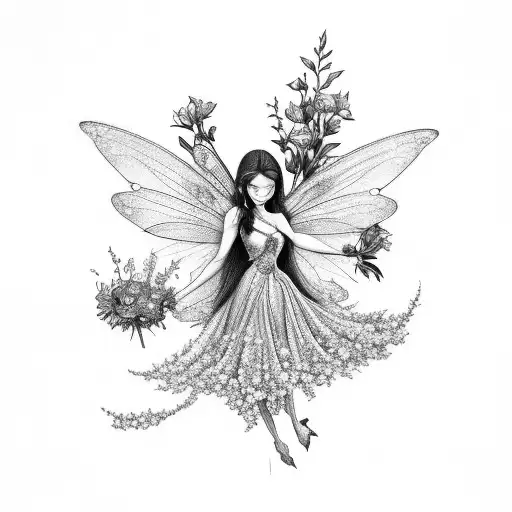 A Black-grey Tattoo Of A Fairy Holding A Bouquet Of Flowers