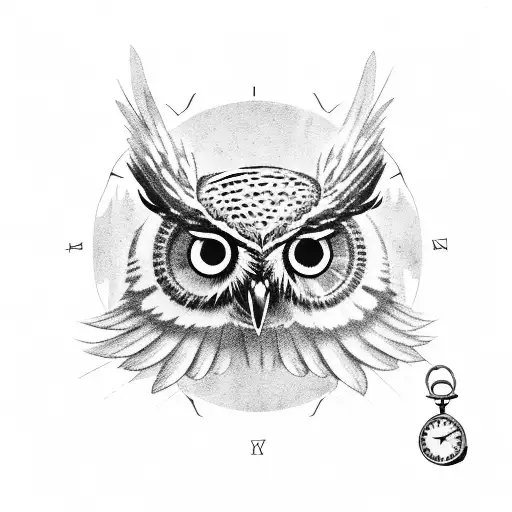 Owl On Top Of Old Map With Pocket Watch