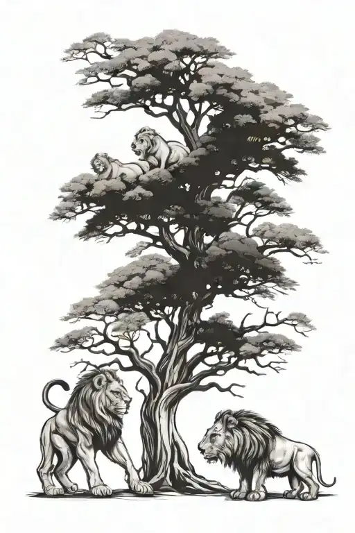 Acacia Tree With 5 Lions On And Around