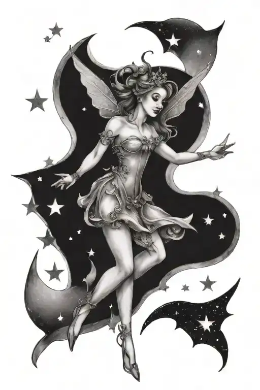 A Fairy Flying In Front Of A Crescent Moon Surrounded By Stars