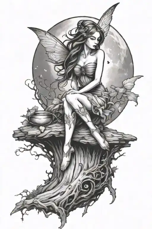 A Magical Fairy Sitting On A Stump Looking At The Moon