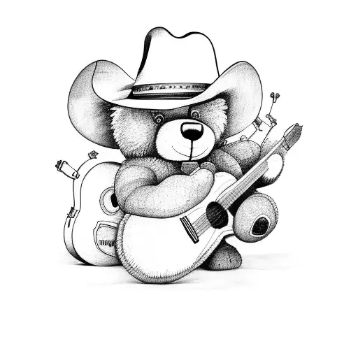 Teddy Bear With A Cowboy Hat And A Guitar