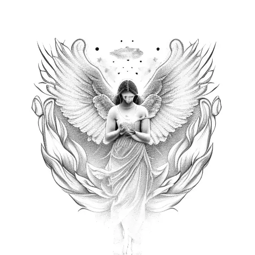 A Celestial Angel With Ethereal Wings Emerging From A Field Of Blooming Lilies