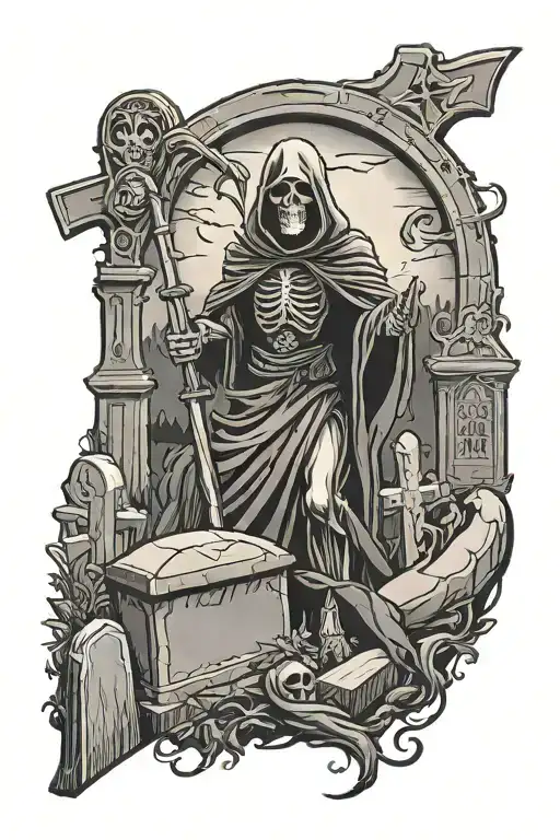 Grim Reaper In Graveyard Scene With Tombstones
