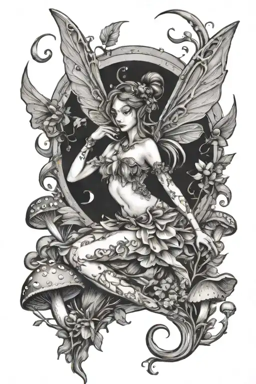 Whimsical Fairy Surrounded By Mushrooms In Front Of A Crescent Moon