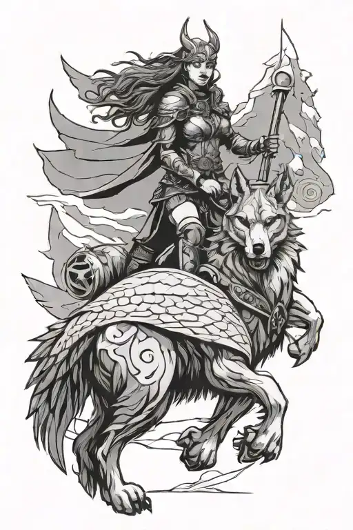 A Nordic Valkyrie Riding A Mechanical Wolf Through A Snowy Landscape