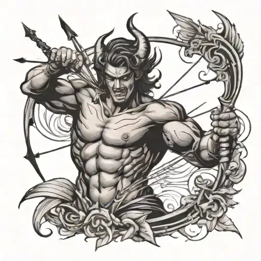 Eros With Bow And Arrow Fighting Demon Holding Pitchfork