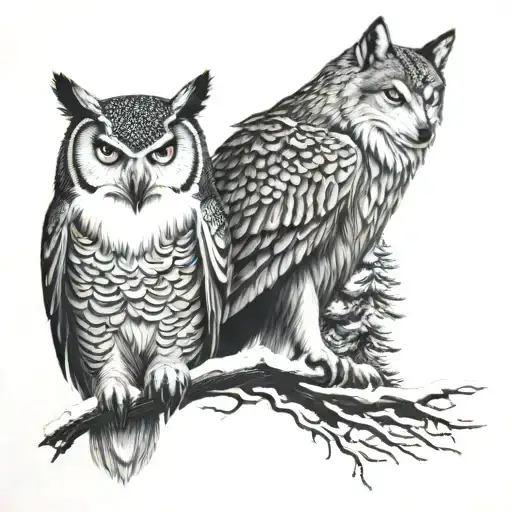 Snow Owl And Wolf