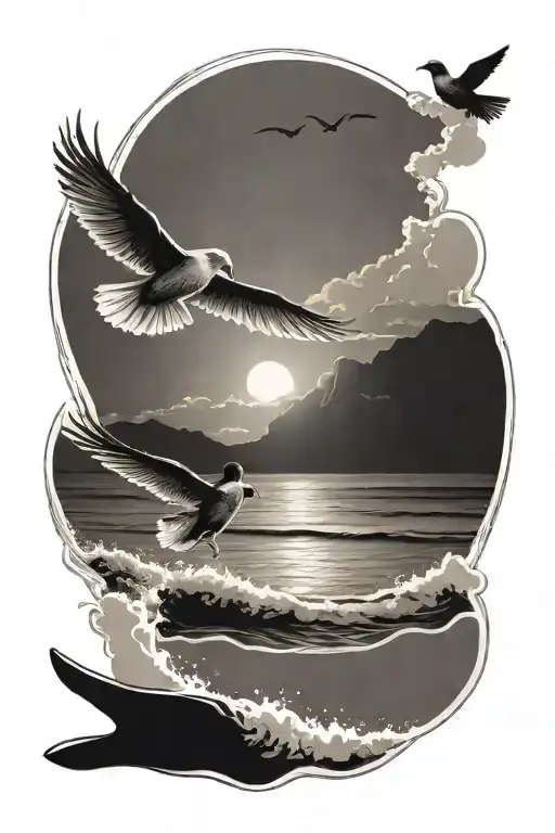 A Serene Beach Sunset Scene With A Skimboarder Catching A Wave Alongside A Dove