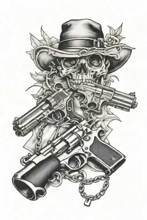 A Gangster Tattoo Design With Some Bills Guns Blings That Will Be Positioned On The Leg