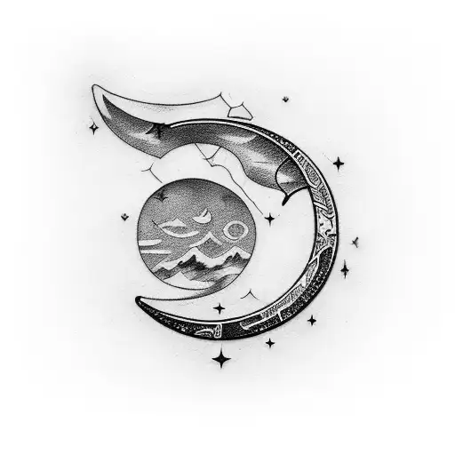 Crescent Moon With The Letter B Incorporated With Bar Designs Across