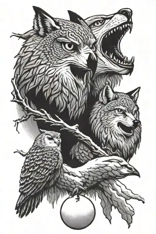 Snow Owl And Wolf Howling At The Moon