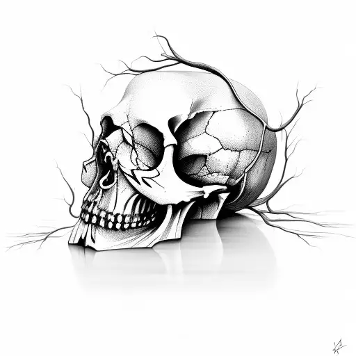 Decaying Human Skull With Roots Growing Out Of It