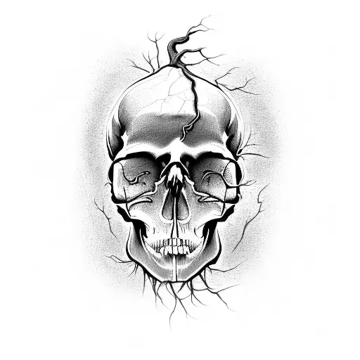 Decaying Human Skull With Roots Growing Out Of It