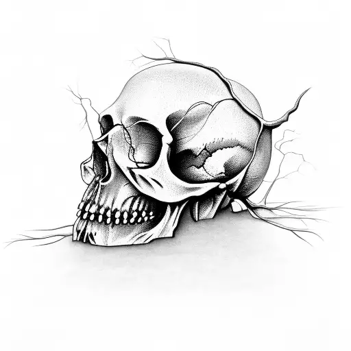 Decaying Human Skull With Roots Growing Out Of It