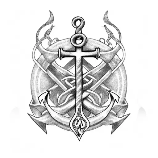 A Black-grey Tattoo Of Anchor Adorned With Ornate Runes And Symbols