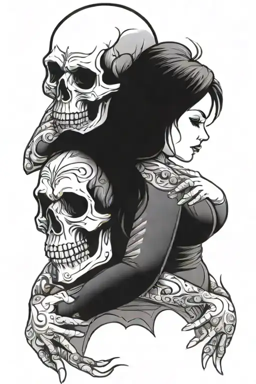 Skull Hugging A Chubby Pretty Woman Standing