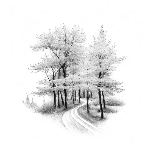A Serene Forest Scene With A Winding Path Leading Through The Trees
