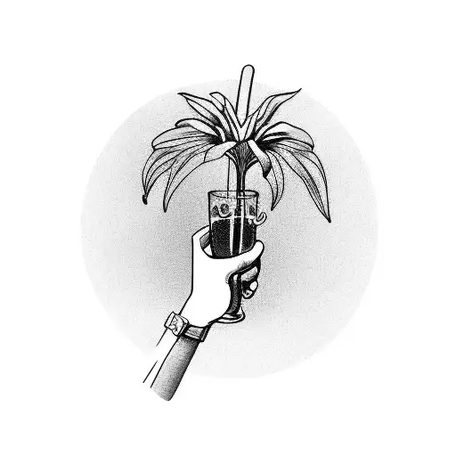 Hang Loose Hand Sign In Front Of A Tropical Drink And Hawaiian Flowers