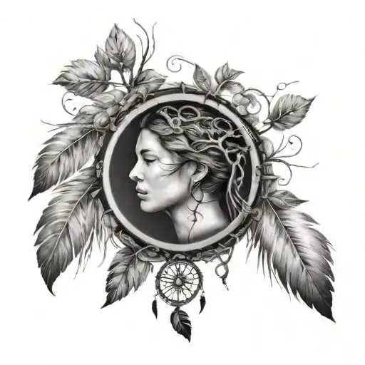 A Black And Grey Portrait Of A Family Tree With Dreamcatcher Elements