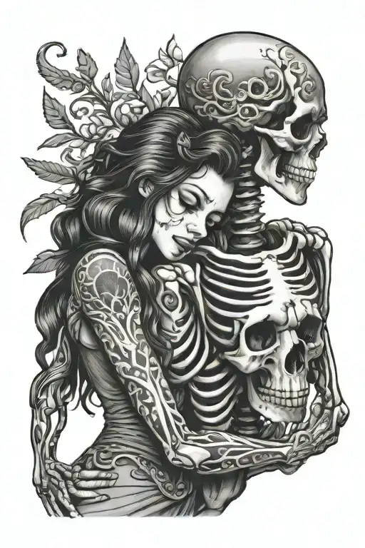 Skeleton Hugging A Pretty Chubby Woman