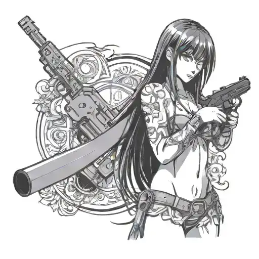 Anime Girl In Bikini With Long Dark Hair And Fringe Holding A Gun