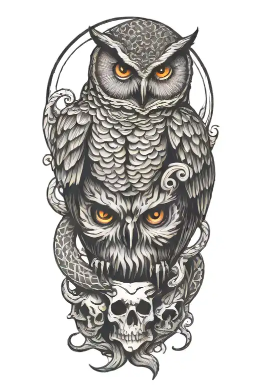 Owl On Skull Coiling Snake Coiled