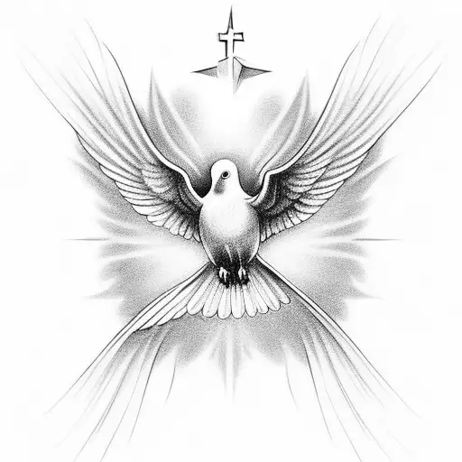 Airbrushed Black And Grey Tattoo Of A Dove Carrying A Religious Symbol