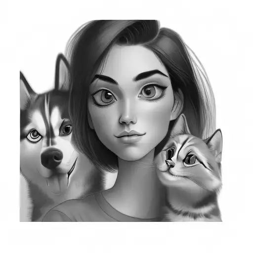 A Girl With A Cat And A Husky