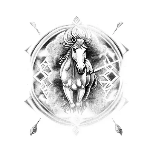 A Fantasy-themed Tattoo Showcasing A Mystical Horse Surrounded By Magical Symbols