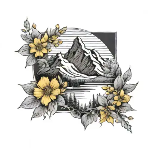 Mountain With Mustard Flower Around Bottom Border