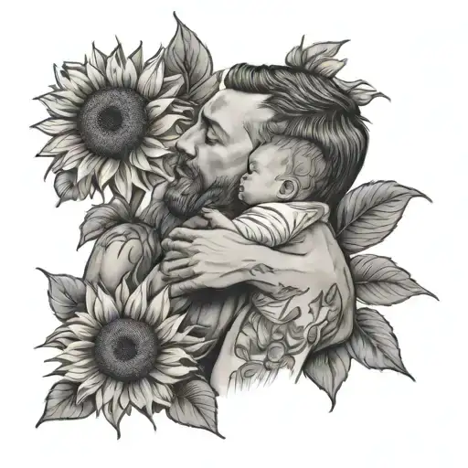 Dad Holding Baby On His Chest Surrounded By Sunflowers