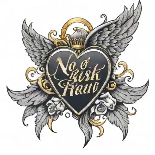 The Sacred Heart With Angel Wings With Gold And Diamonds And A Phrase That Says No Risk No Rewards