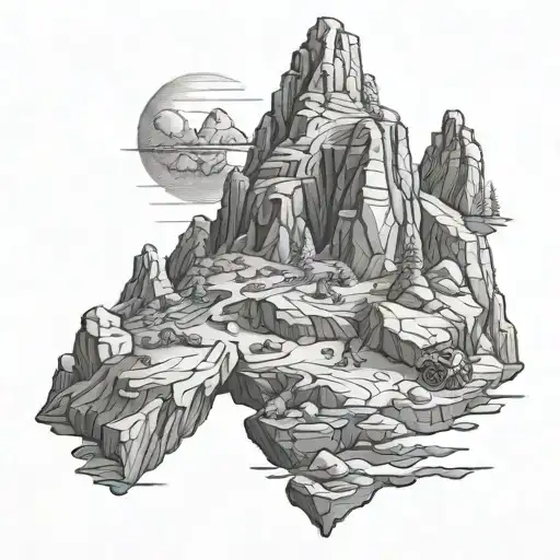 An Intricate Black And Grey Tattoo Of A Geologist Studying Rock Formations In A Mountain Range